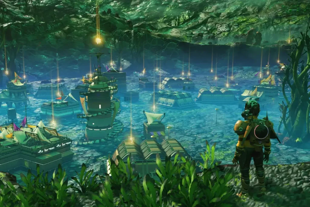joueur regardant une colonie no mans sky